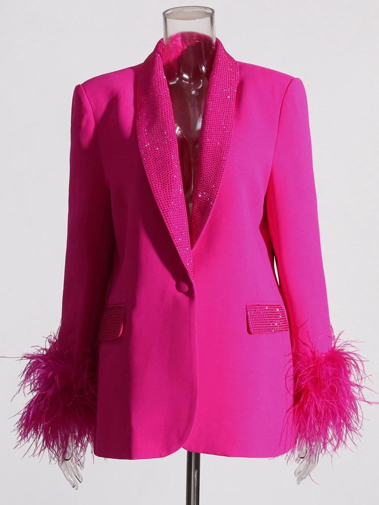 Women's 2025 Korean Style Shawl Collar Jacket with Ostrich Feather Spliced Design