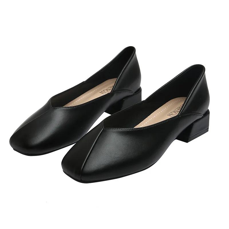

New Women Leather Casual Shoes Chunky Heel Pumps Comfortable OL Slip-on High Heels Shoes Leisure Loafers 33-43 42 чорний