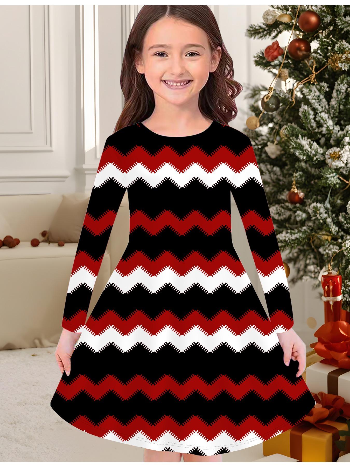 

Girls Autumn and Winter Fashion Dress, 3D Stripe Pattern Print Round Neck Long Children s T-shirt Dress, Casual Versatile, Christmas Clothing 170 червоний