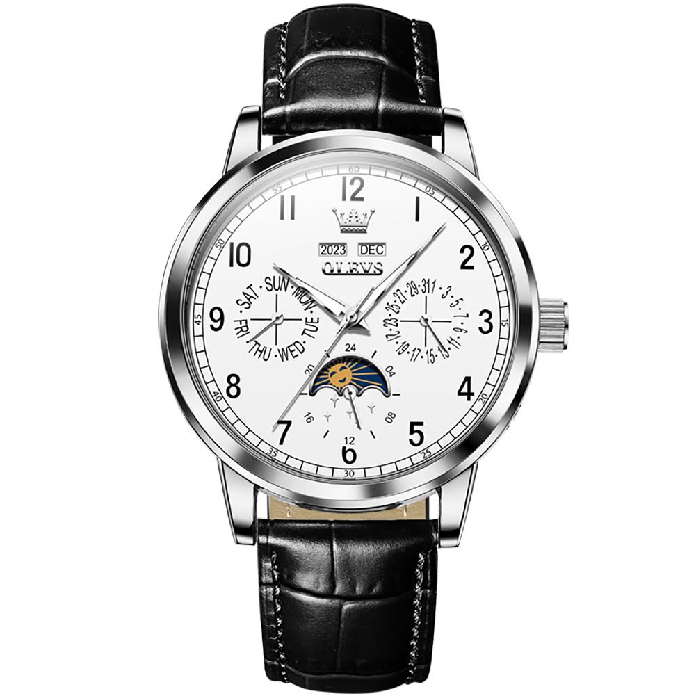 OLEVS 6698 Leder Arabische Ziffern OEM-Logo Multifunktional Mondphase Automatische Mechanische Uhr für Herren
