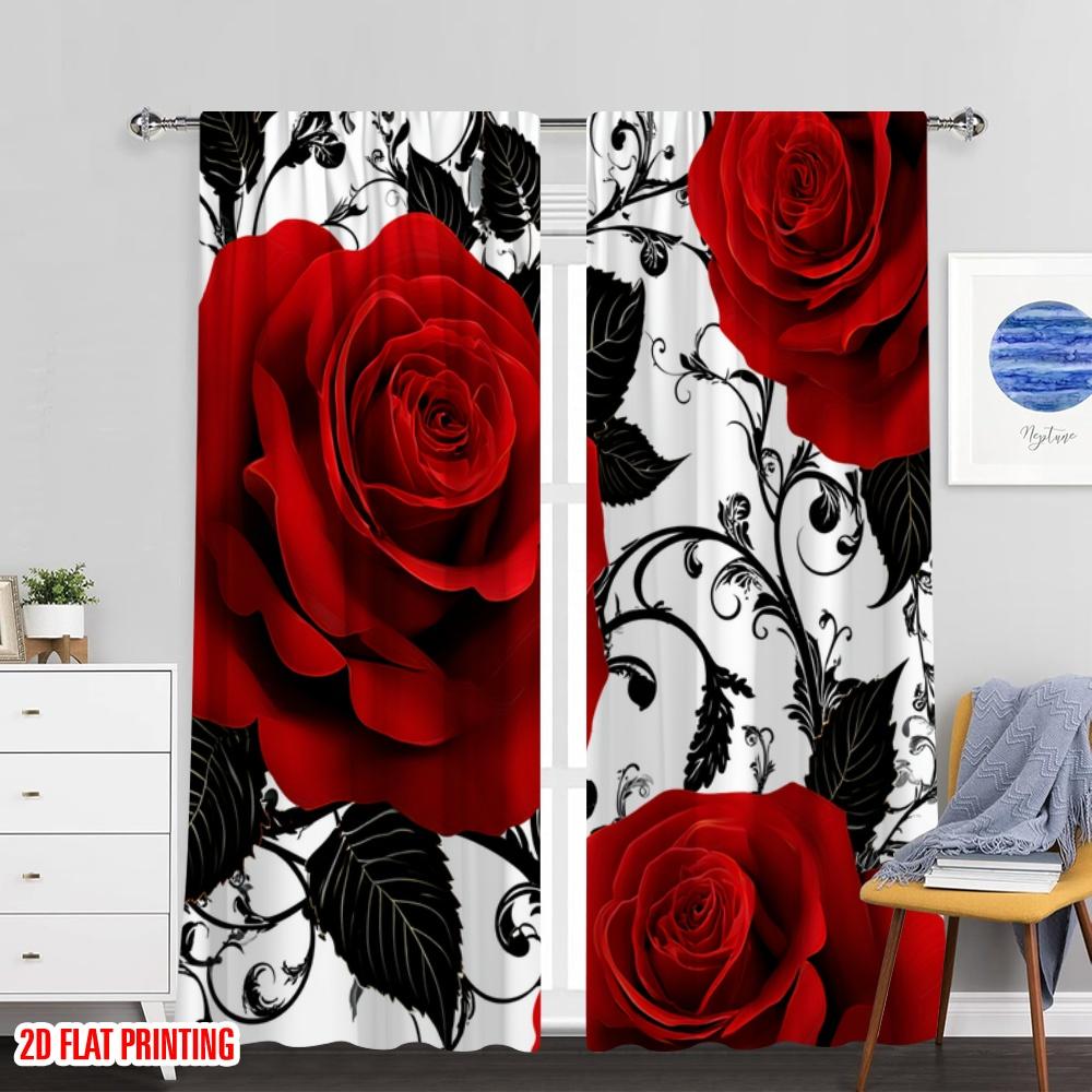 Set Of 2 Flat Printing Curtains Red Roses Black Swirls Floral Digital Printed Polyester Drapes Seasonal Party Holiday Decor Curtain