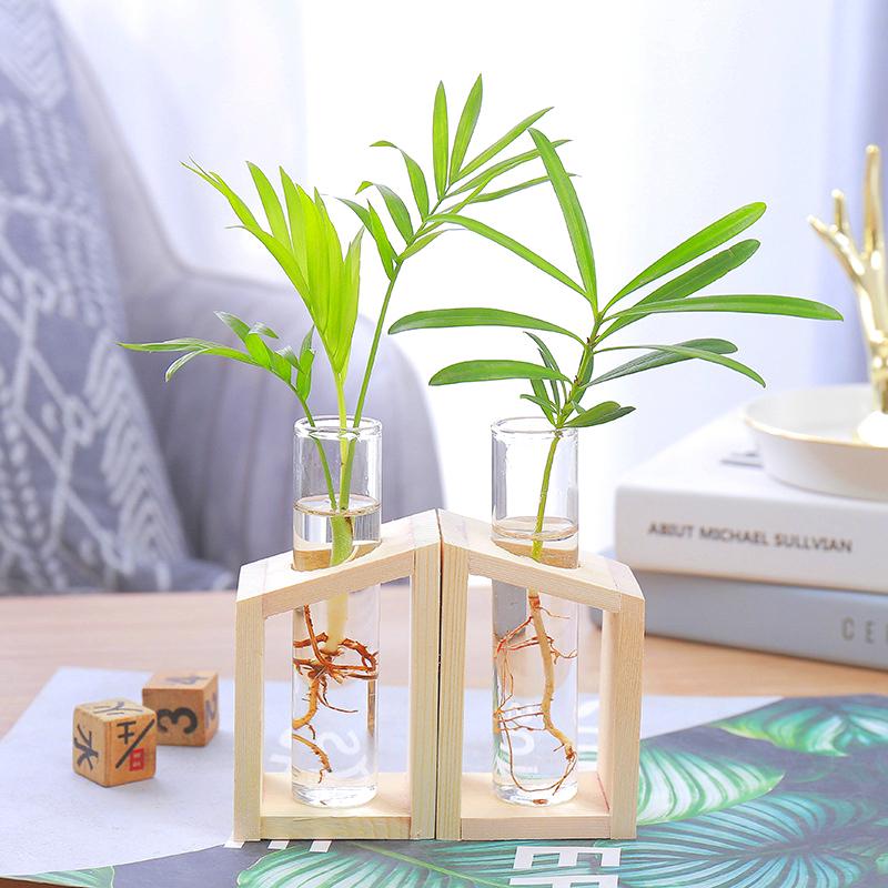 Hydroponic Plants Container with Wood Frame Transparent Glass Test Tube Vase Flower Pot Home Tabletop Bonsai Decorations Crafts