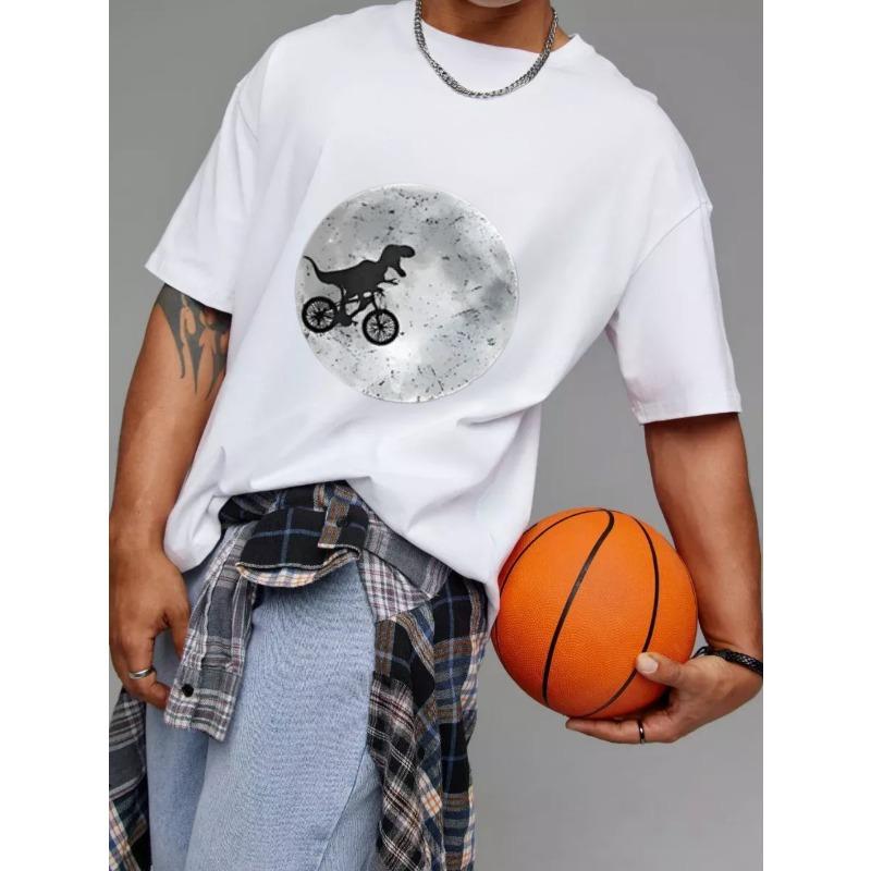 White T Shirt with Dinosaur Riding Bike on Moon Print Casual Summer Wear for Men and Women