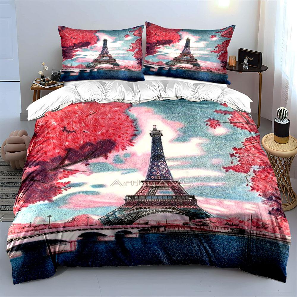 Eiffel Tower, pink trees. Bedding sets Duvet cover sets Duvet covers Pillowcases(1 * Duvet Cover 2 * Pillowcases without duvet insert)