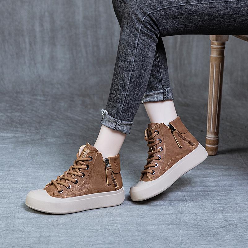 Women's High-Top Leather Retro Sneakers, Plus Velvet, Autumn 2023, Sizes 40-43.