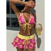 Bikini European and American New Women's Pink Flower Three-piece Swimsuit, Neck Bikini
