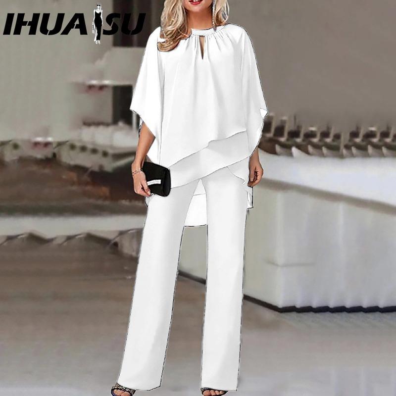 IHUASU Women's Fashion Solid Colour Loose Casual Irregular Trousers Set