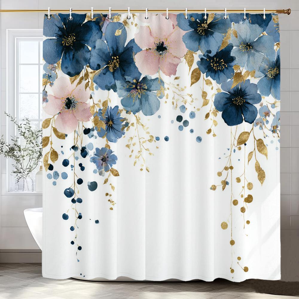 Beautiful and Elegant blue Flowers Pattern Shower Curtain,  Bathroom Decorative Shower Curtain,Home Curtain with Hooks