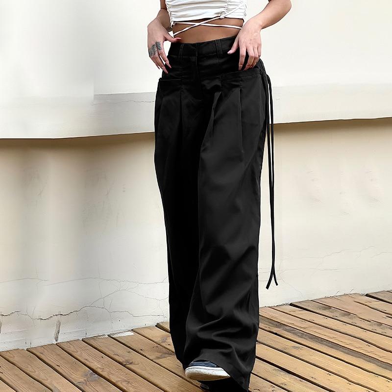 

Sexy Low Waist Loose Straight Pants Women Summer Streetwear Fashion Solid Long Pants With Pockets Casual Lady Pantalon L чёрный
