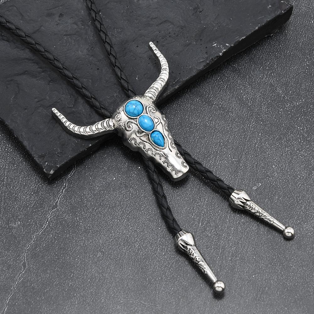 Turquoise Bolo Tie Necklaces Daily Outfits Vintage Sweater Chain Bull Head Necklaces Men Women