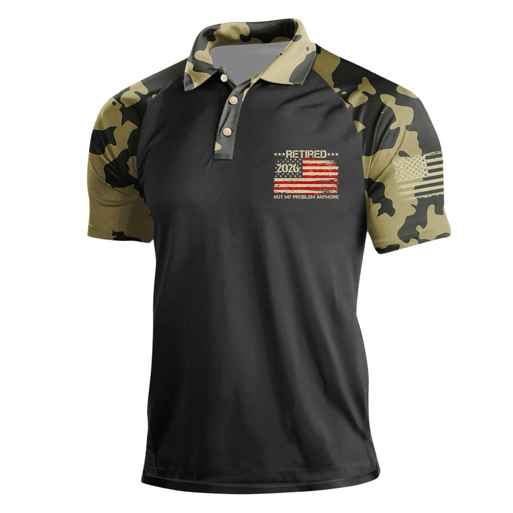 Men’s Polo Shirt Digital Camo Print with Short Sleeves Button Collar Embroidered Chest and Sleeve Flag Graphic Design