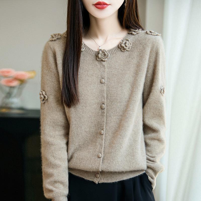 100% Wool Women's Hand-Crocheted Round Neck Cardigan - Nine Roses Sweater Coat for Autumn/Winter