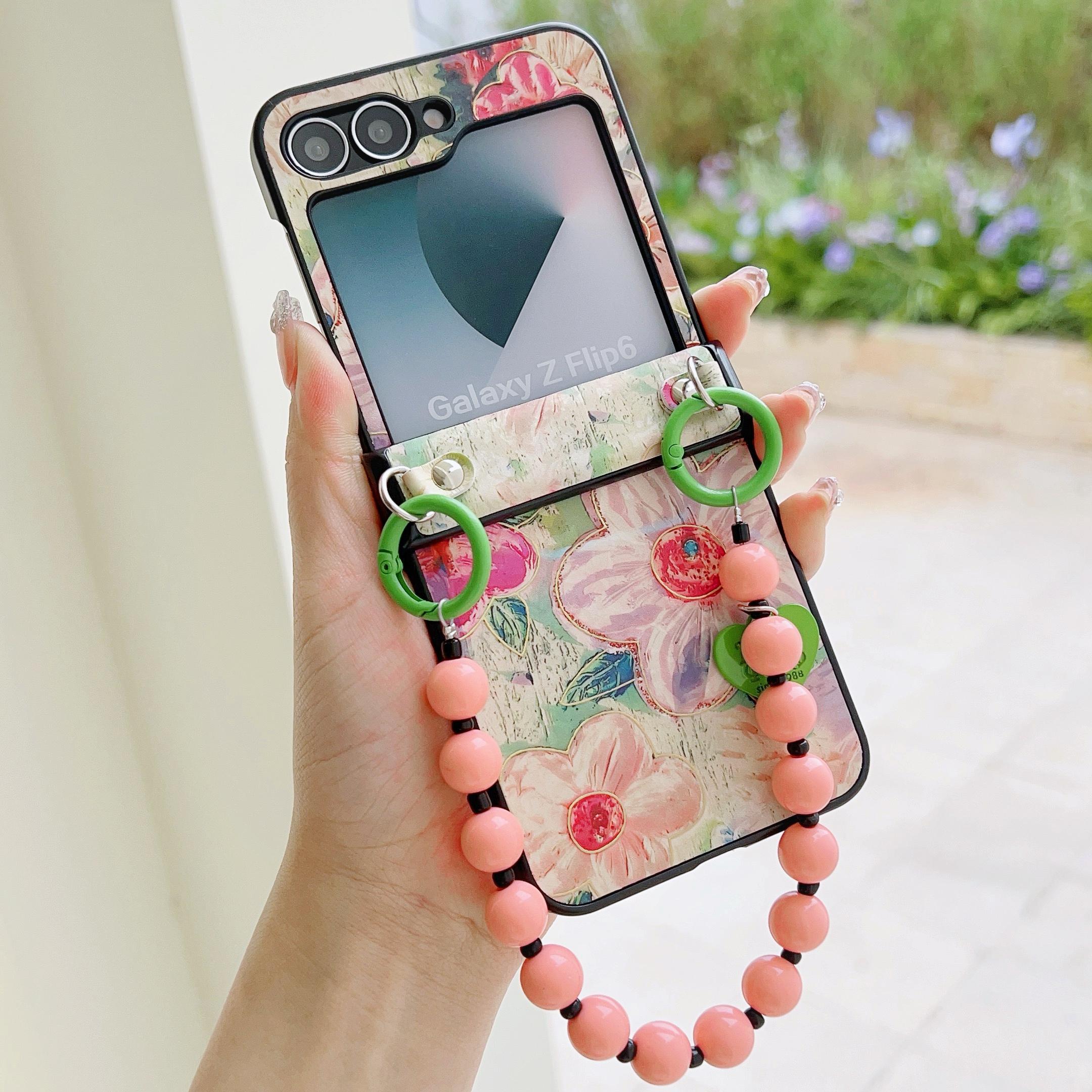 

For Samsung Galaxy Z Flip6 5G Case Floral Pattern PU+PC Protective Phone Cover with Strap Pink Flower