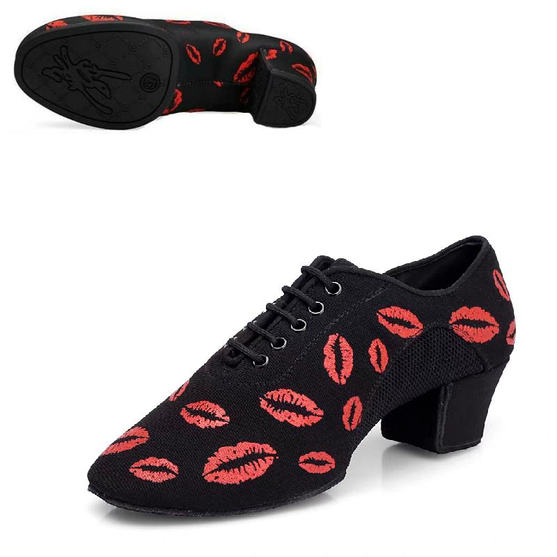 Lip Print Latin Dance Shoes Women Oxford NET Cha Cha Dance Shoes Ballroom Dancing Shoes Mesh Sneakers Canvas Square Shoe Woman