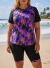 Plus Size Floral Swimwear - Two-Piece with Sun Protection Vest and Printed Briefs