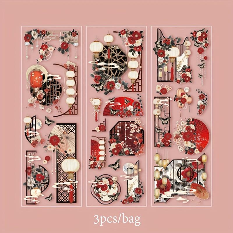 3 Sheets/Bag Of Classical Flower Hot Stamping PET Stickers Chinese Style Creative Diary Notebook Stickers DIY Collage Decoration