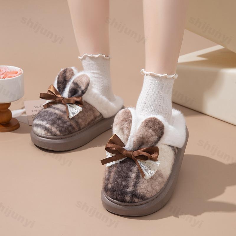 Fashion Women's Platform Cotton Slippers 2025 Autumn Winter New Fashion Bow Knot Lace Warm Home Shoes Non Slip Plush Thicken Slippers