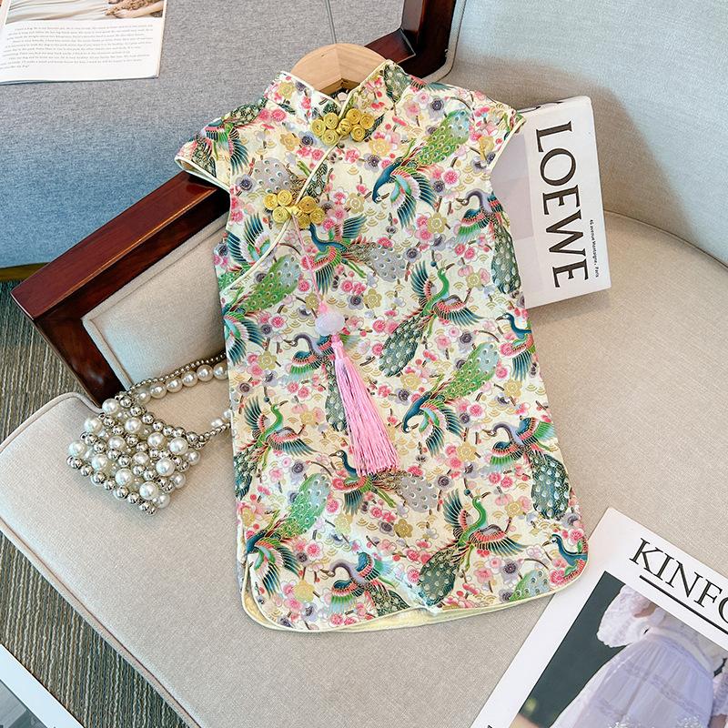 Girls Summer Vintage Floral Cheongsam Dress Sweet Princess Modified Hanfu Dress for Kids 90cm