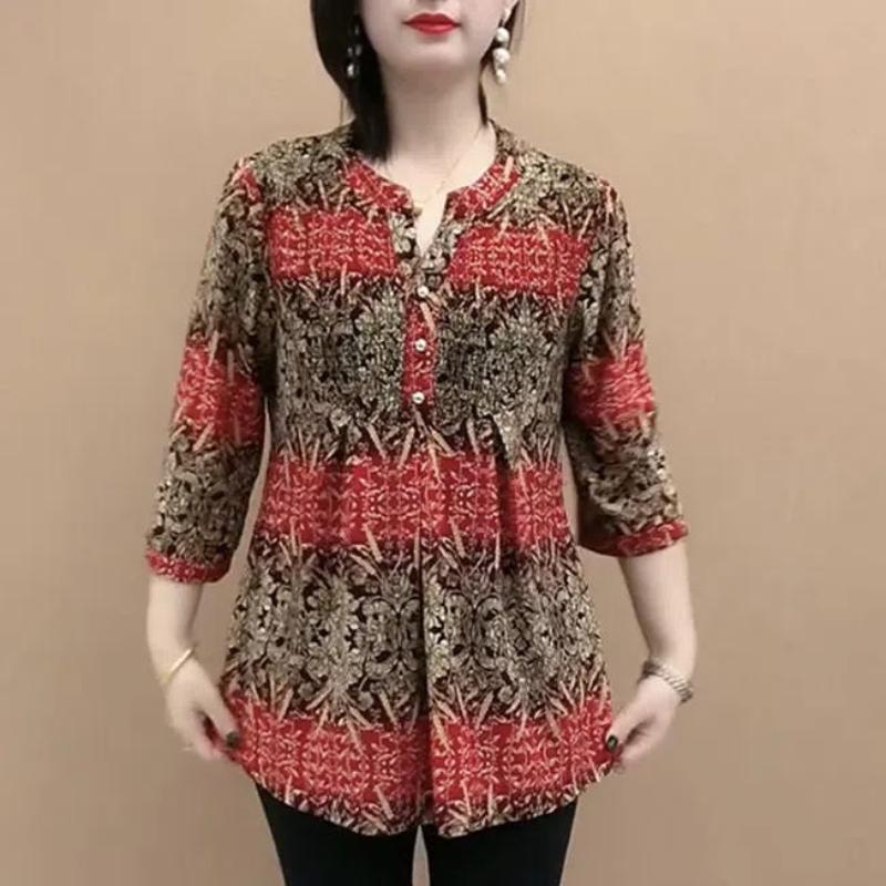 Pulover de vară pentru femei cu gât O, cu nasturi îmbinate, imprimeu, la modă, larg, minimalist, versatil, casual, cu mâneci 3/4, topuri din șifon