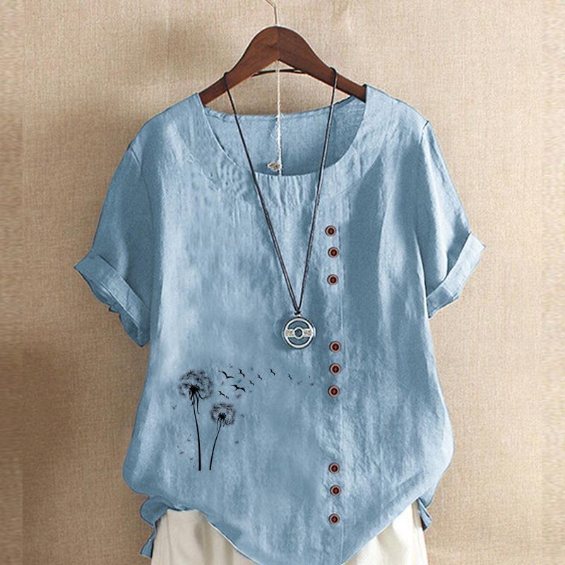 Women's Fashion Black Dandelion Prined Short Sleeve T-shirt Loose Cotton Shirt Casual Loose Summer Blouse Plus Size Tops