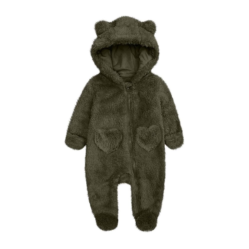 Baby Plush Warm One-Piece Bear Hooded Zipper Children's Solid Color Sleepsuit