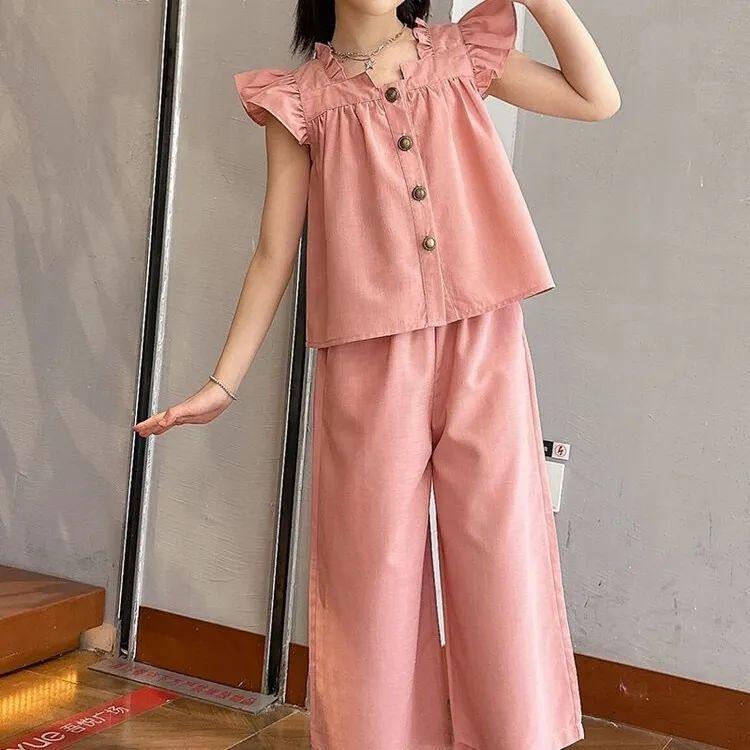 Girl Summer Sweet Solid Color Set Ruffle Shirt Doll Shirt Wide Leg Pants Two Piece Set