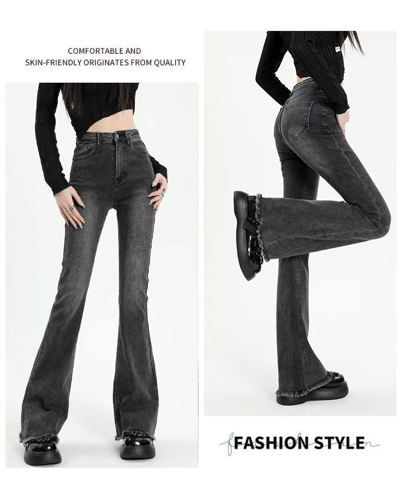 Spring/Summer Women's Black-Gray Frayed Micro-Flare High-Waisted Jeans