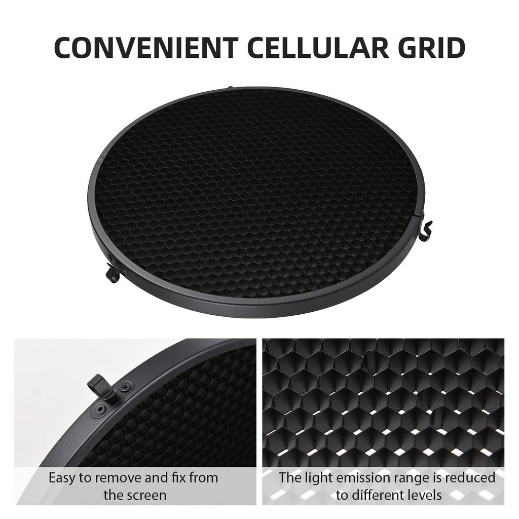 9 Inch Reflector Diffuser Bowens Mount Photography Lamp Shape Dish with 60 degrees Honeycomb Grid & White Soft Cloth