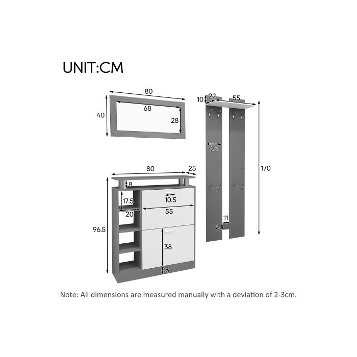 Meuble vestiaire - MUVOE - 80 x 25 x 96,5 cm - Miroir inclus - 2 panneaux muraux - Armoire à chaussures réglable