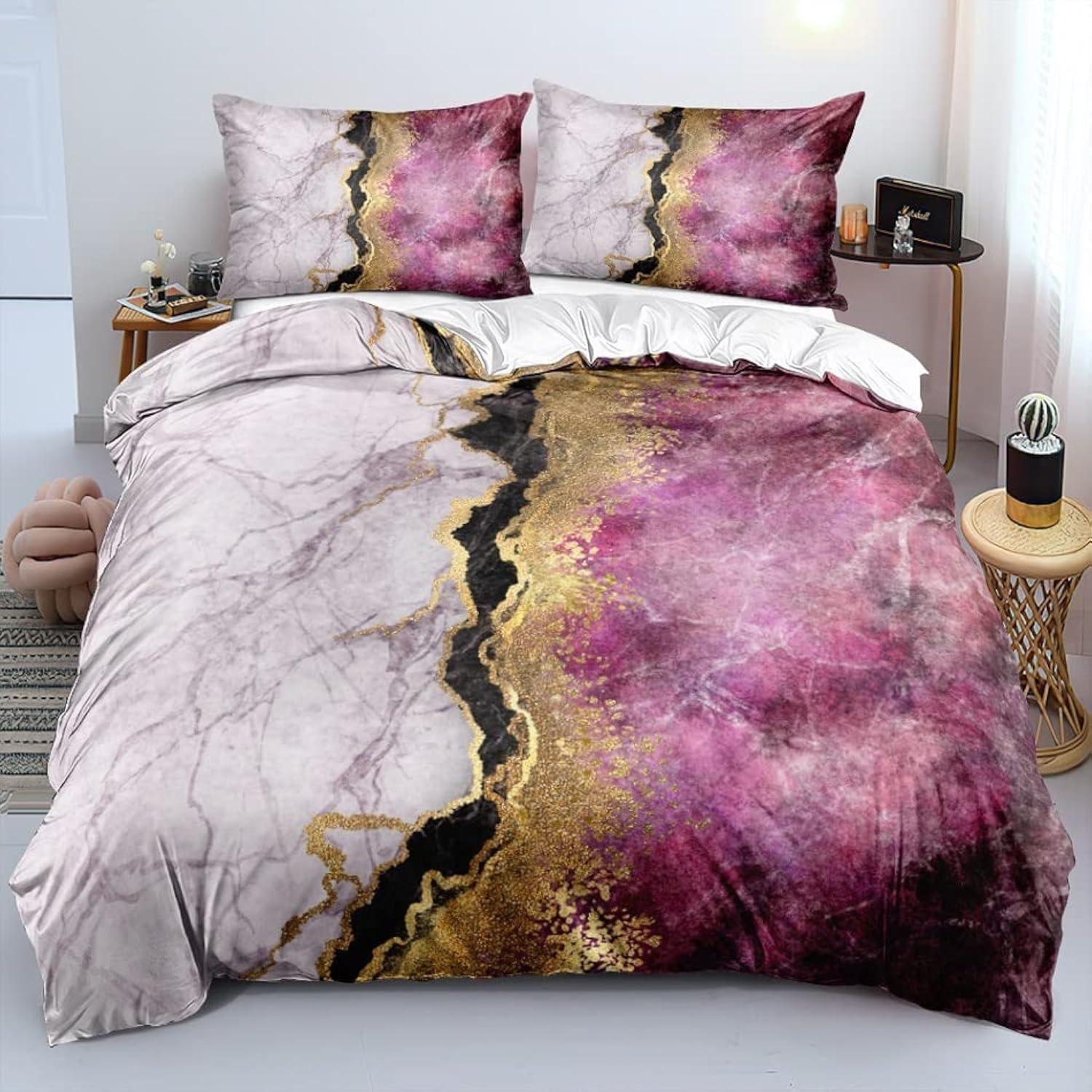 Ensemble de literie en marbre de couleur dorée, housse de couette et taie d'oreiller en microfibre ultrafine imprimées en 3D pour enfants et adultes avec fermeture éclair 90x200cm