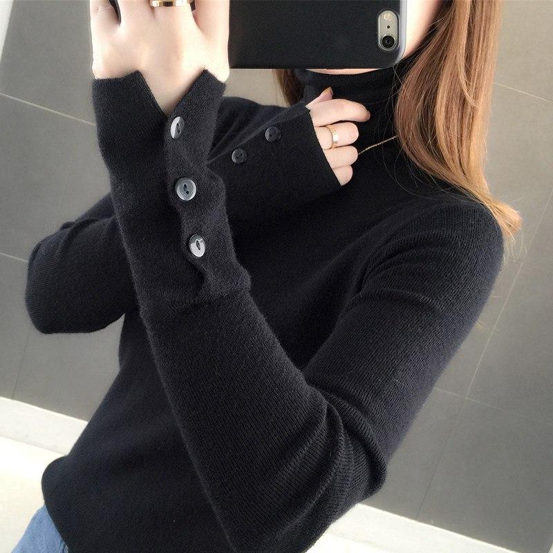 Women Autumn Casual Knitted Pullover Sweater Top Pile Collar Turtleneck Full Sleeve Button Thin Slim Inner Solid Color