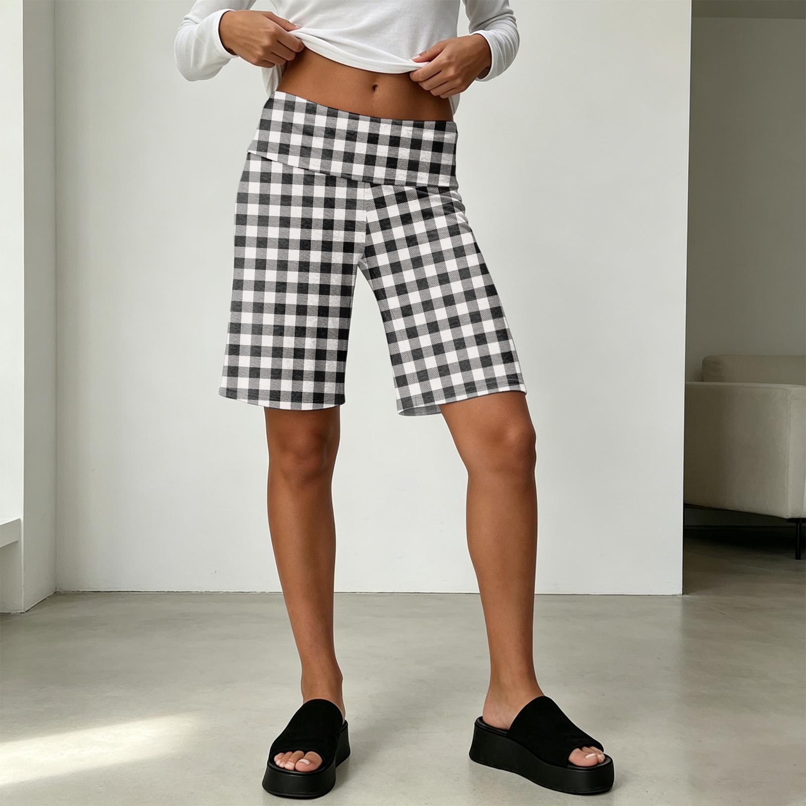 

Women’s Summer High Waist Loose Fit Plaid Shorts Casual Wide Leg Knee Length Lightweight Printed Pants for Vacation XXL