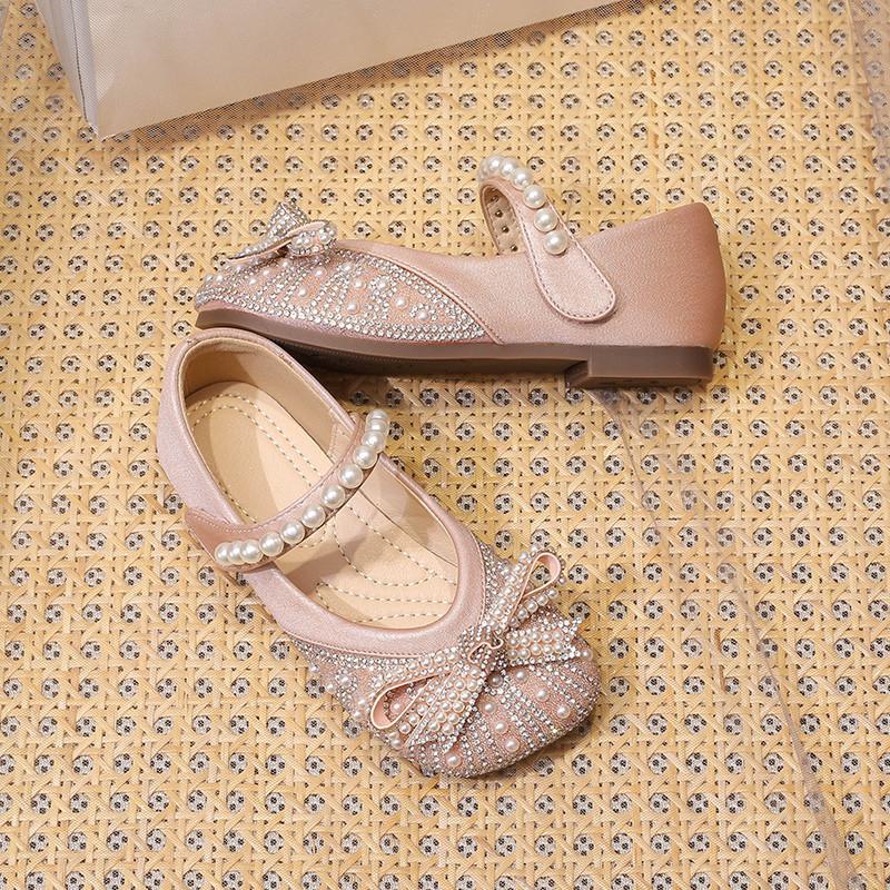 Small leather shoes children's season children's pearl bow children's soft sole baby crystal princess single shoes
