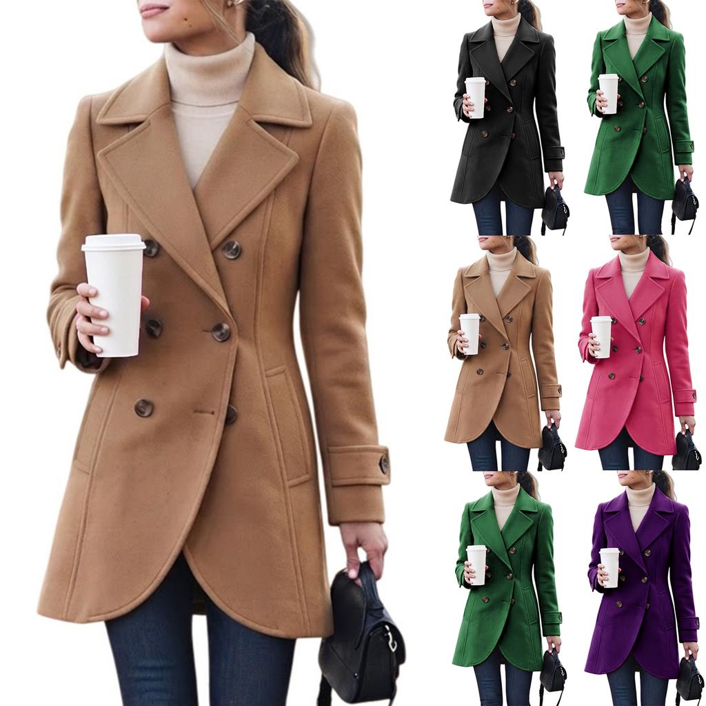 Dames Dubbelrijige Lange Wolle Overjas Losse Pasvorm voor Casual Dagelijkse Winterkleding
