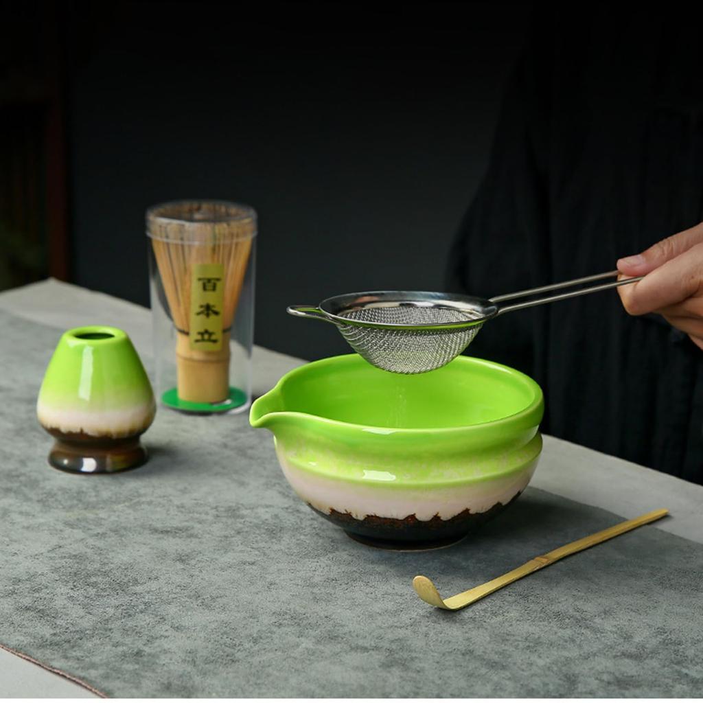 Matcha Tea Ceremony Japanese Tea Ceremony Tea Chashaku Matcha and Whisk 4-Piece Set, Utensils, Bowl, 100-Standing Chasen, (Tea Scoop), Powder, (Green)