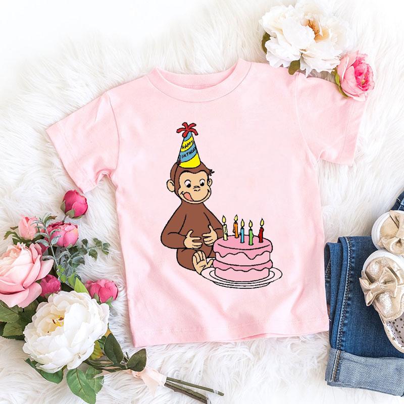 T-shirt Kawaii per bambine Stampa cartone animato Scimmietta Curious George Abbigliamento per bambini T-shirt estive T-shirt per bambine Top rosa a maniche corte