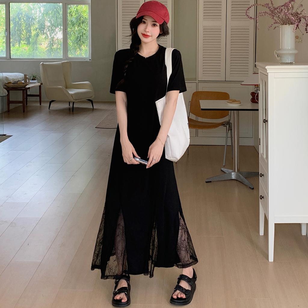 Dimanaf Vestido camisero largo informal de manga corta con encaje, holgado y plisado, talla grande, para mujer, verano 2025