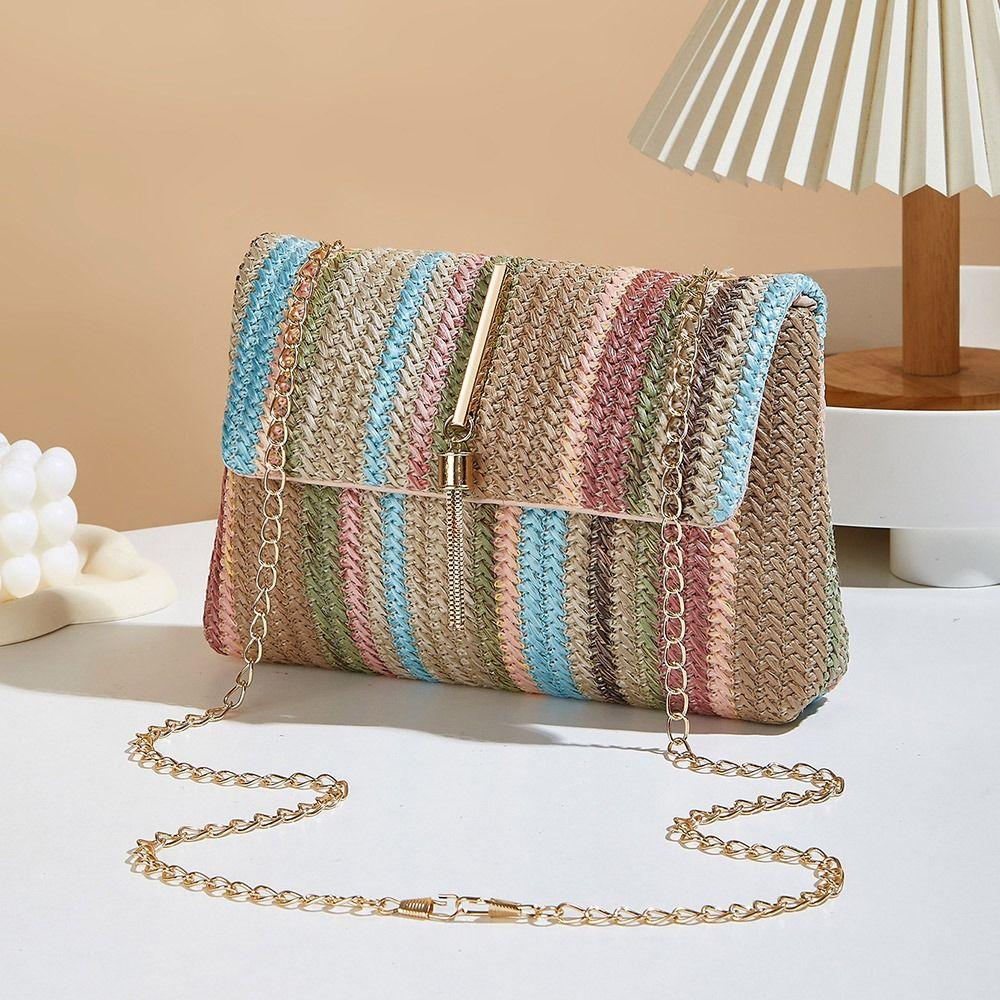 Portable Straw Shoulder Bag Colorful Stripe Rainbow Handbag Fashion Clutch Bag  Girls