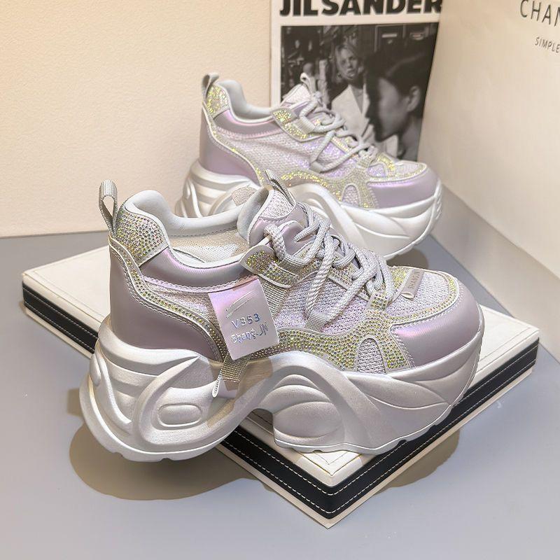 Dad's new shoes women's lightweight outsole heightened mesh breathable summer rhinestone casual shoes sports