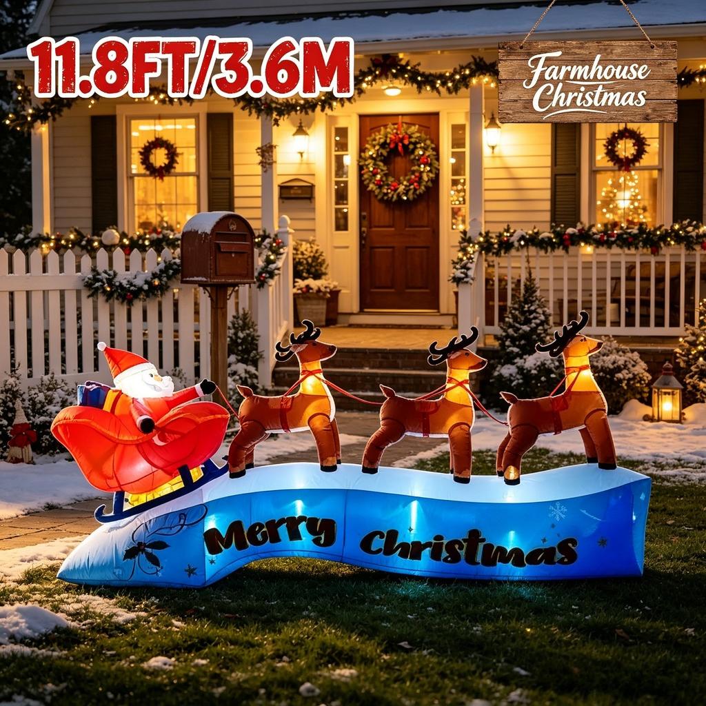 11.8FT/3.6M Inflatable Santa Claus Sleigh with 3 Reindeer Christmas Outdoor Yard Decoration