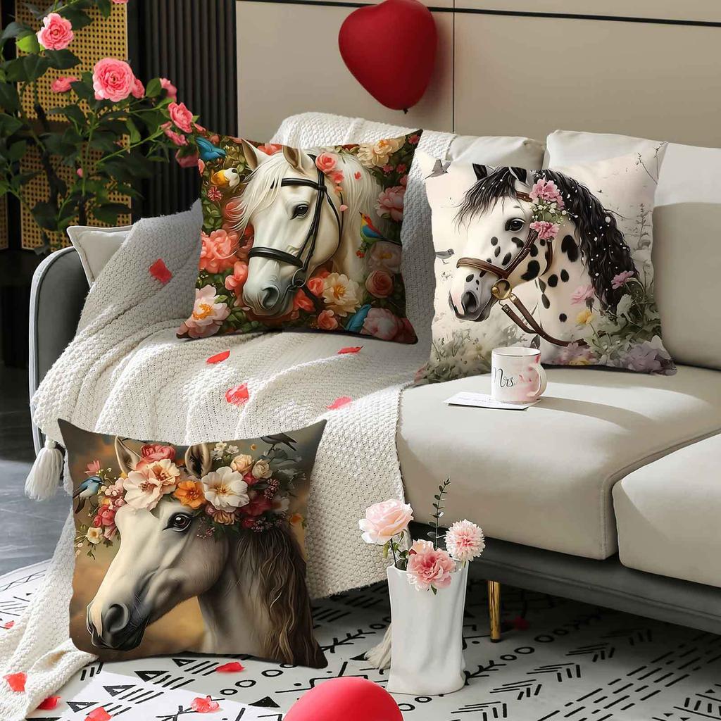 Horse And Flower Pattern Digital Printing Pillow Cover Short Plush Suitable Living Rooms Bedrooms Sofas Throw Cushion Cover