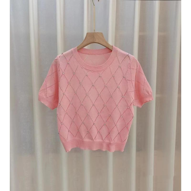 Women Diamond Grid Rhinestone Knit T-shirt Crew Neck Short Sleeve Fitted Casual Sweater