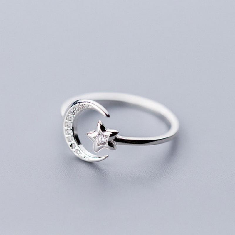 

New Korean Zircon Star Moon Tassel Rings For Women Silver Color Minimalist Leaves Feather Adjustable Finger Ring Jewelry Resizable