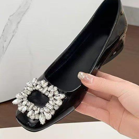 Flat Bottom Silver High-end Square Head Rhinestone Single Shoes Women's Shoes 2025 New Autumn Black Commuter Beanie Shoes