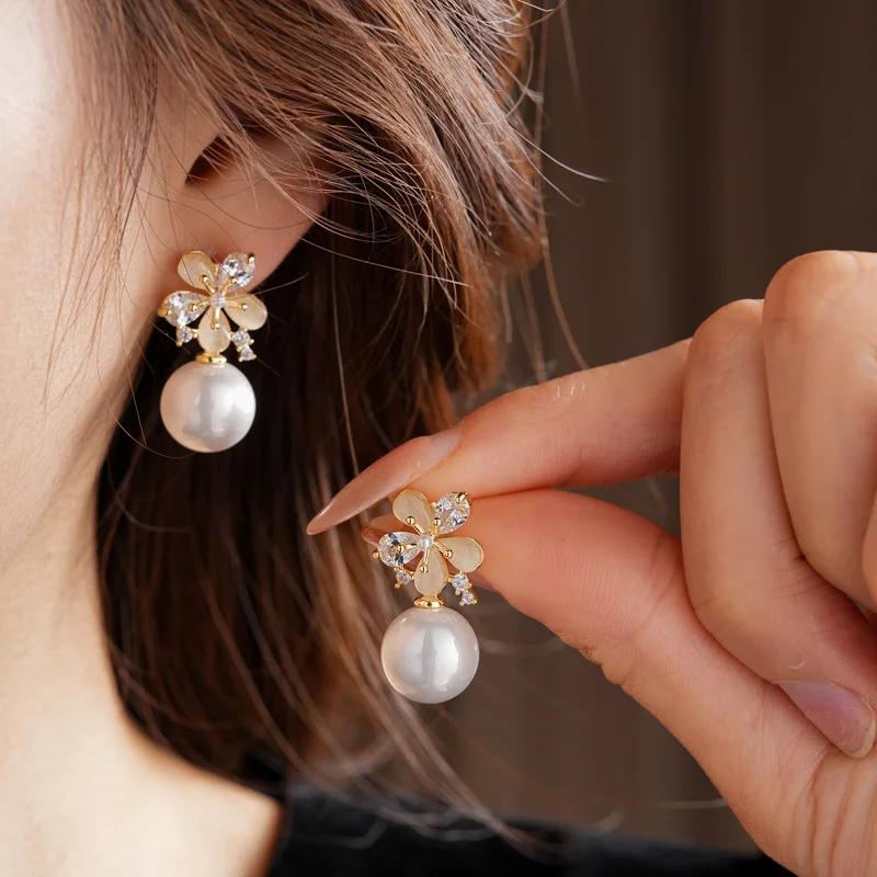 18k Gold Electroplated Flower Pearl Earrings for Women High-end Fashion Drop Earring Literary Retro Versatile Zircon Gifts