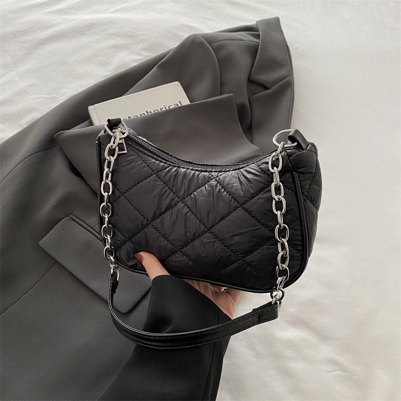 2025 winter new personalized trend rhombus embroidery thread chain women's bag simple portable shoulder armpit crescent bag