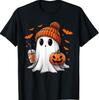 Cute Ghost Drinking Ice Coffee Halloween Pumpkin T-Shirt