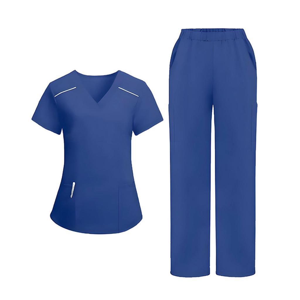 Ladies' Loose And Comfortable V-neck Short Sleeved Workwear With Multiple Pockets Suit Set