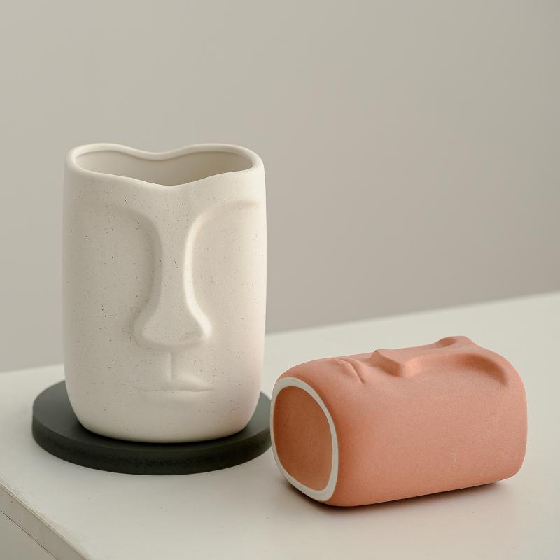 Creative Ceramic Face Vase Dried Flowers Plant Flower Pot Abstract Figure Head Vase Crafts Living Room Ornaments Home Decoration