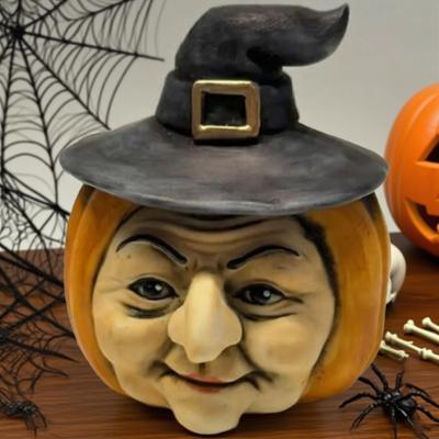 Yousheng Pumpkin Face Sculpture Spooky Ghost Face Resin Pumpkin Figurine Halloween Tabletop Decoration for Indoor Outdoor Patio Home Decor